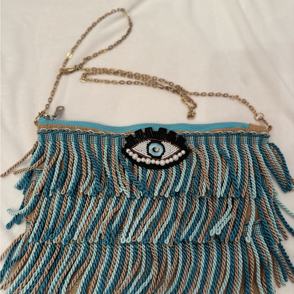 Fringed Eye Motif Bag in Blue and Brown